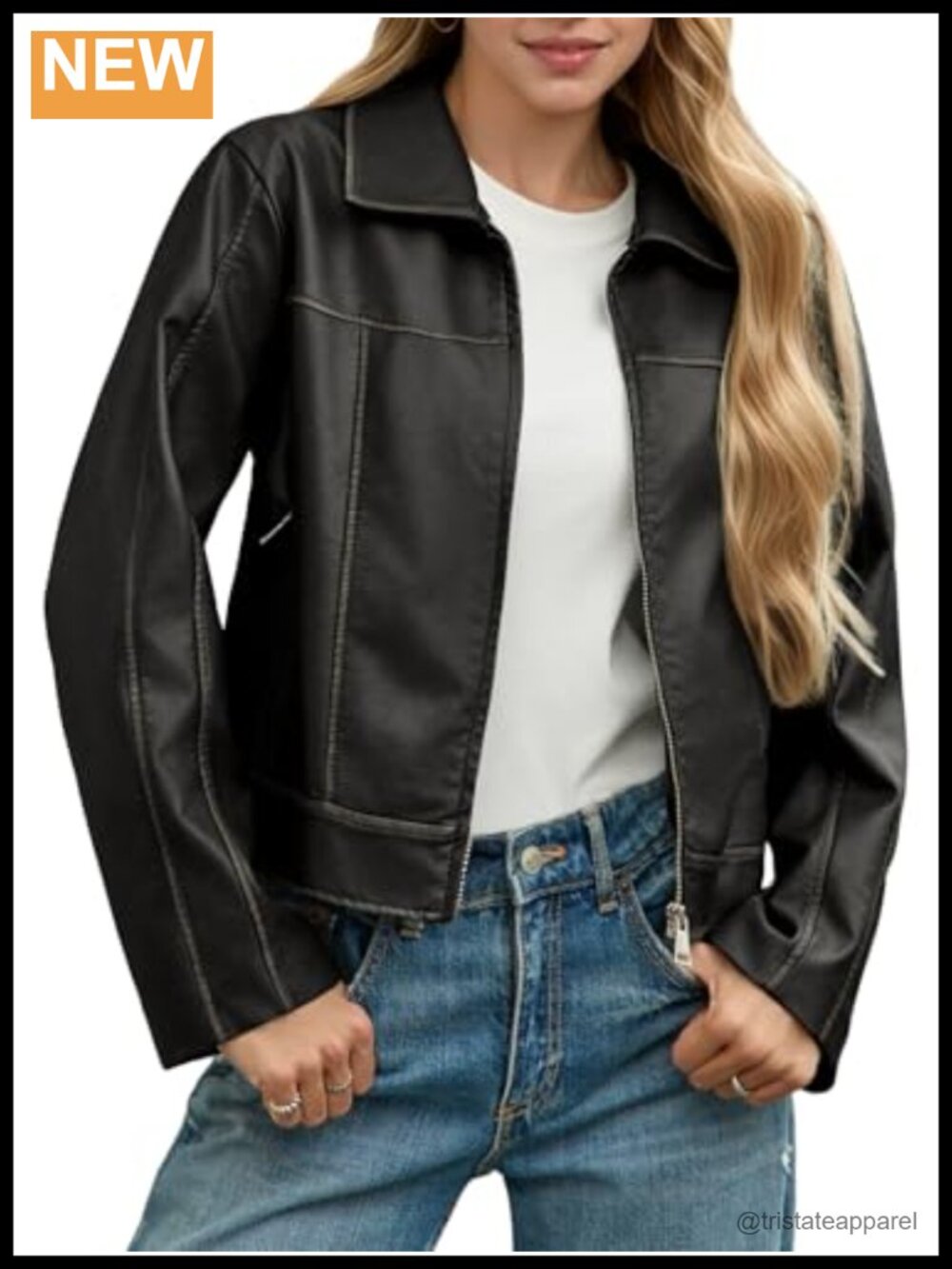 Faux Leather Cropped Motorcycle Jacket Long Sleeve Zip Up